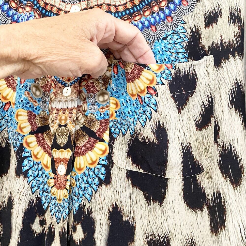 Moda Baronessa Button Up Blouse Multicolor‎ Animal Print 100% Silk Small Tunic - Picture 6 of 10